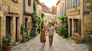 Couple flânant dans une ruelle médiévale de Sarlat au coucher du soleil