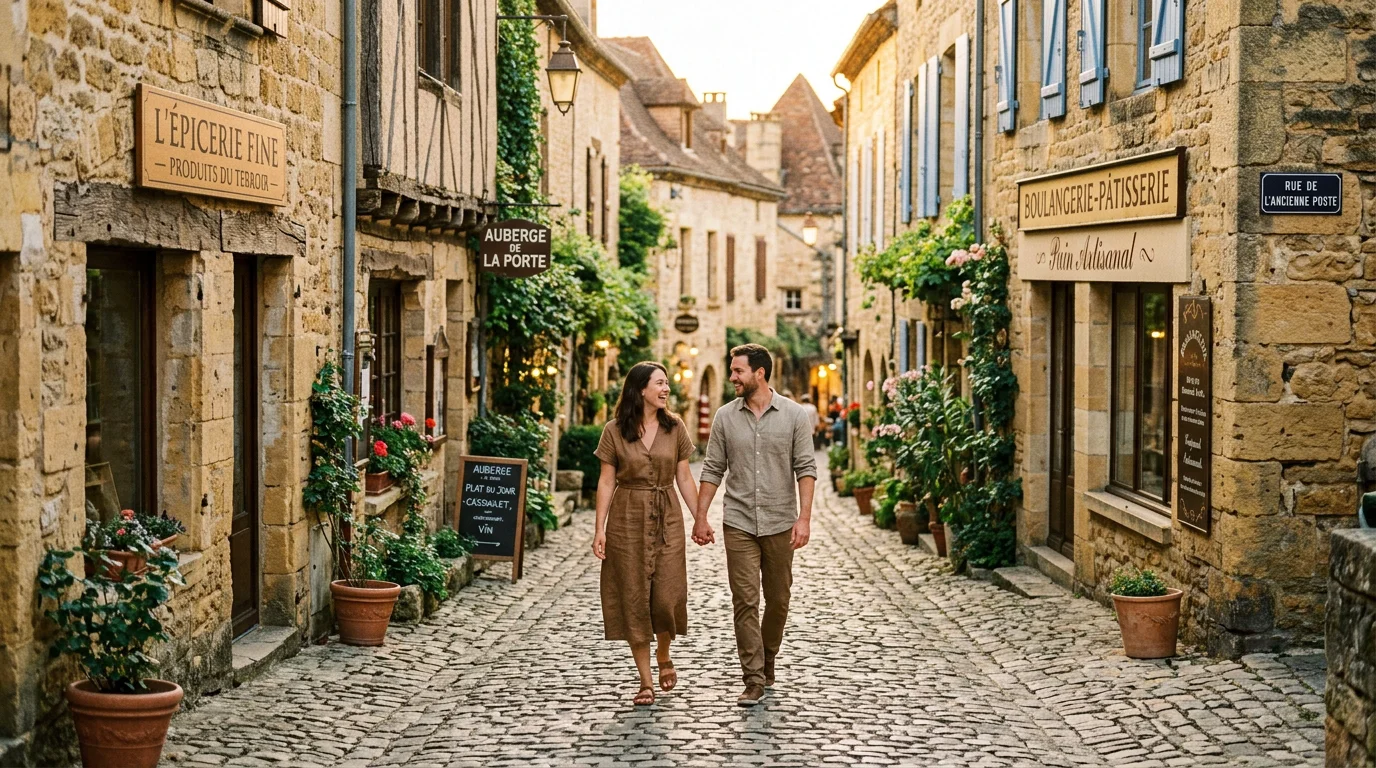 Couple flânant dans une ruelle médiévale de Sarlat au coucher du soleil