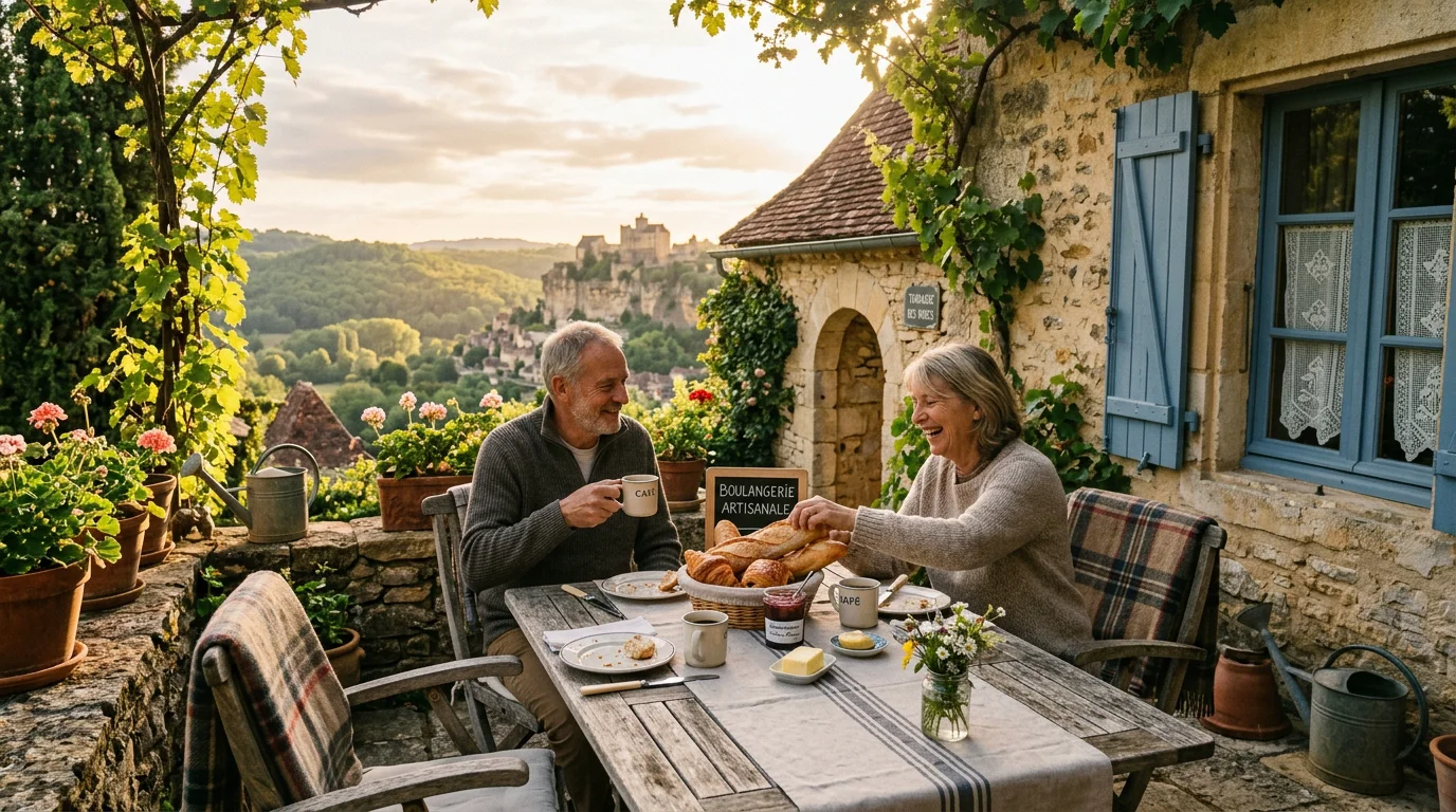 Terrasse d'un gîte de charme en Périgord Noir au lever du soleil pour un couple