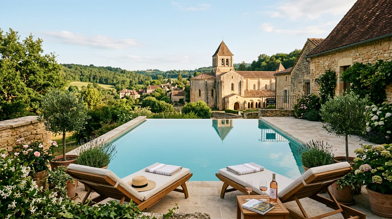 Piscine au sel avec vue sur une abbatiale en Périgord Noir