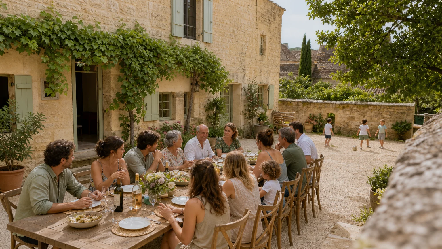 Famille réunie autour d’une table dans un domaine du Périgord Noir