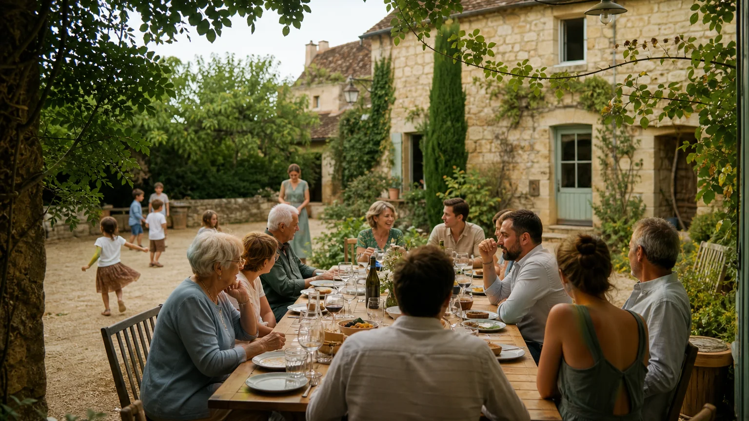 Famille réunie autour d’une table dans un domaine du Périgord Noir