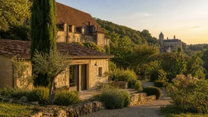 Domaine historique en pierre avec gîte et vue sur l’abbatiale de Saint-Cyprien