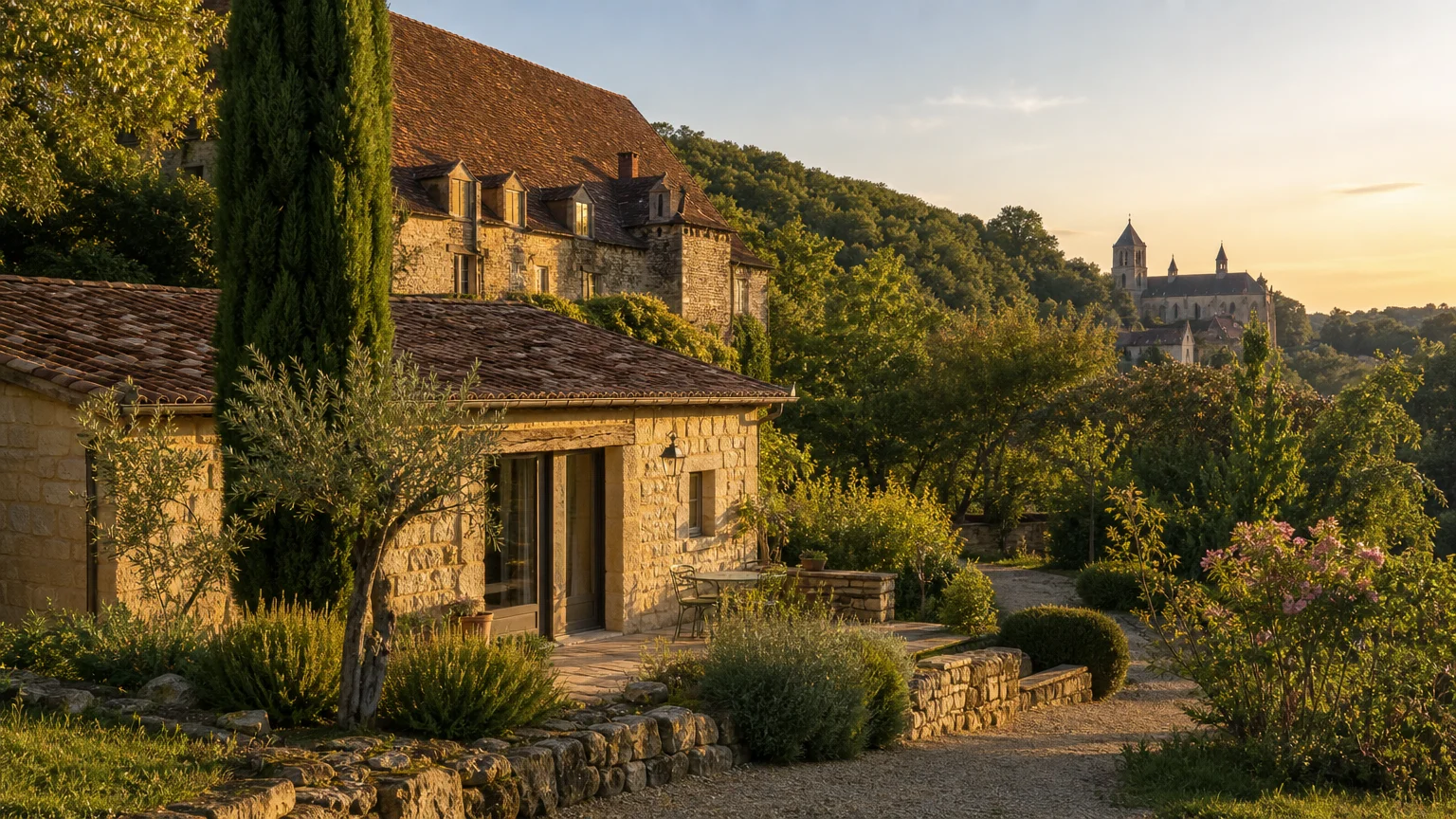 Domaine historique en pierre avec gîte et vue sur l’abbatiale de Saint-Cyprien