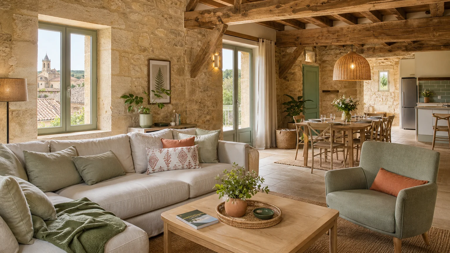 Intérieur rénové d’un gîte en pierre dans le Périgord Noir