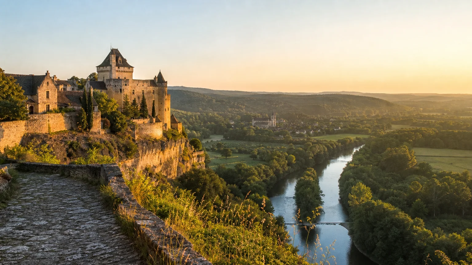 Paysage du Périgord Noir près de Beynac au lever du jour