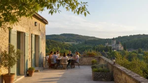 Maison de groupe en pierre dans un paysage du Périgord