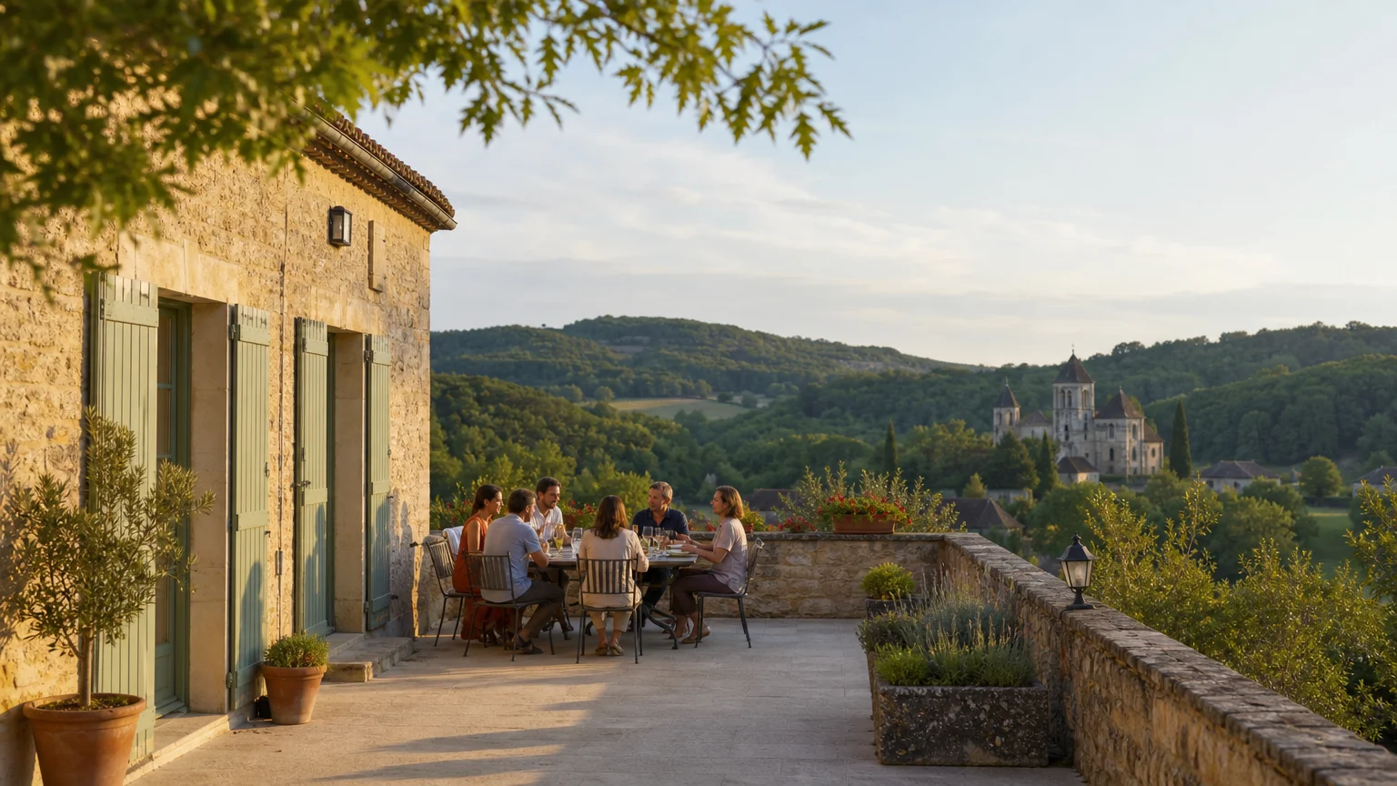 Maison de groupe en pierre dans un paysage du Périgord