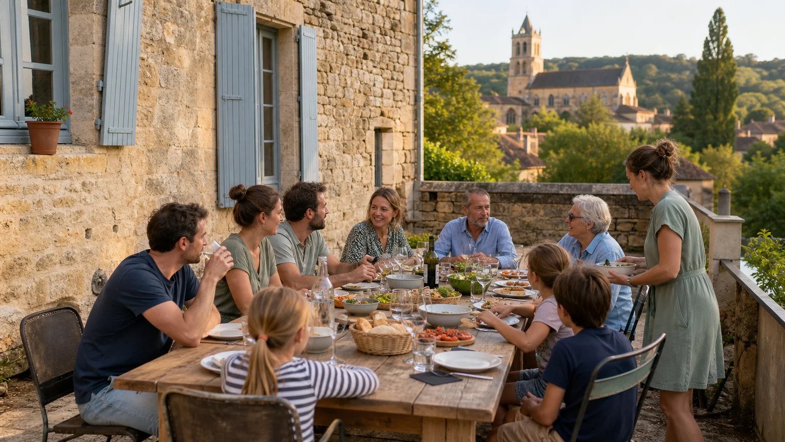 Groupe réuni autour d’une table dans un gîte rural en Dordogne