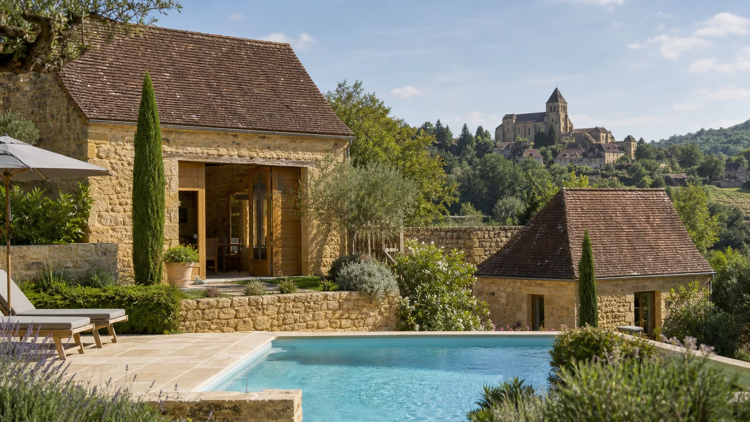Domaine patrimonial du Périgord Noir avec piscine et vue sur une abbatiale