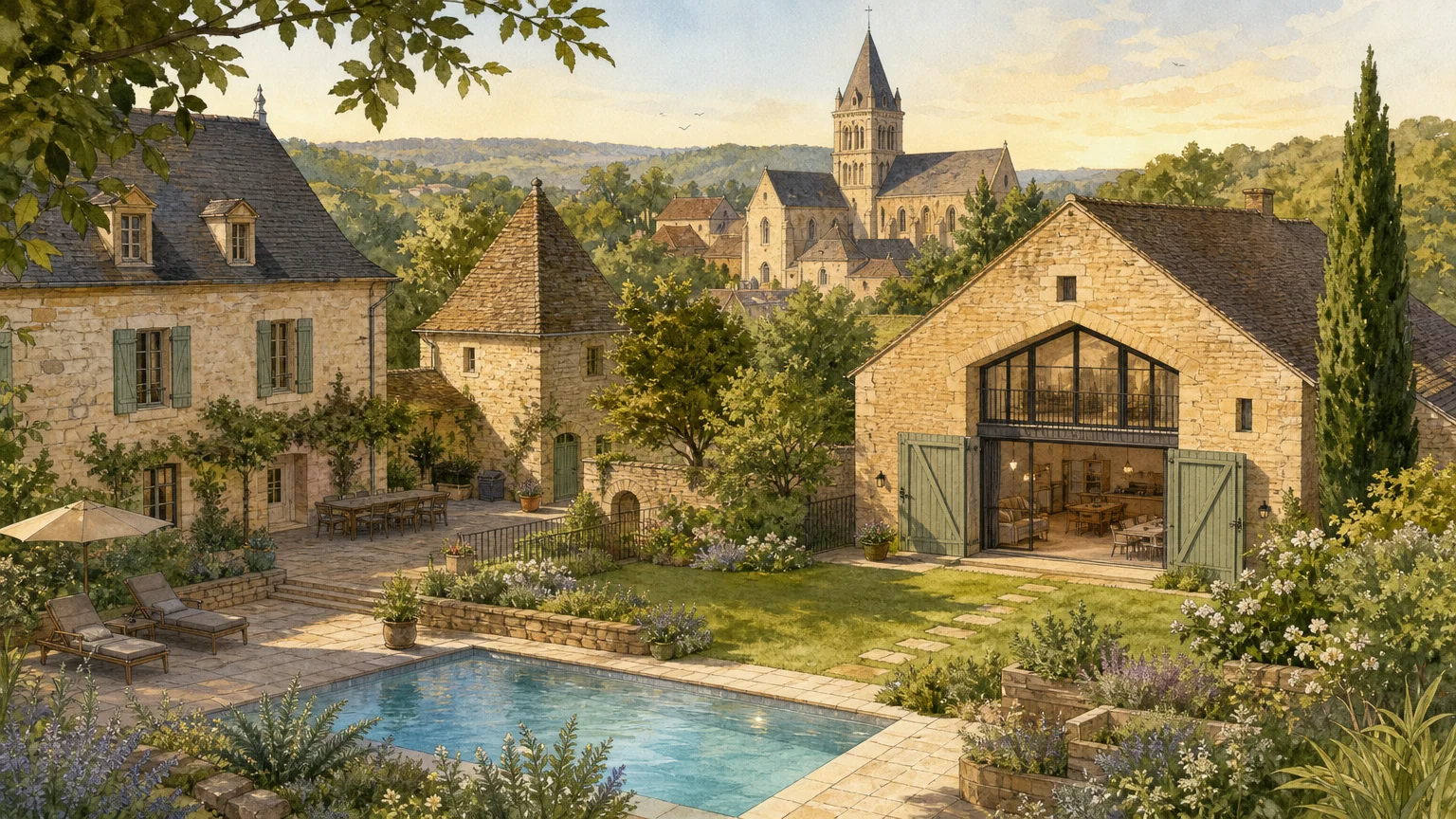 Domaine historique en pierre dans le Périgord Noir avec piscine et vue sur une abbatiale