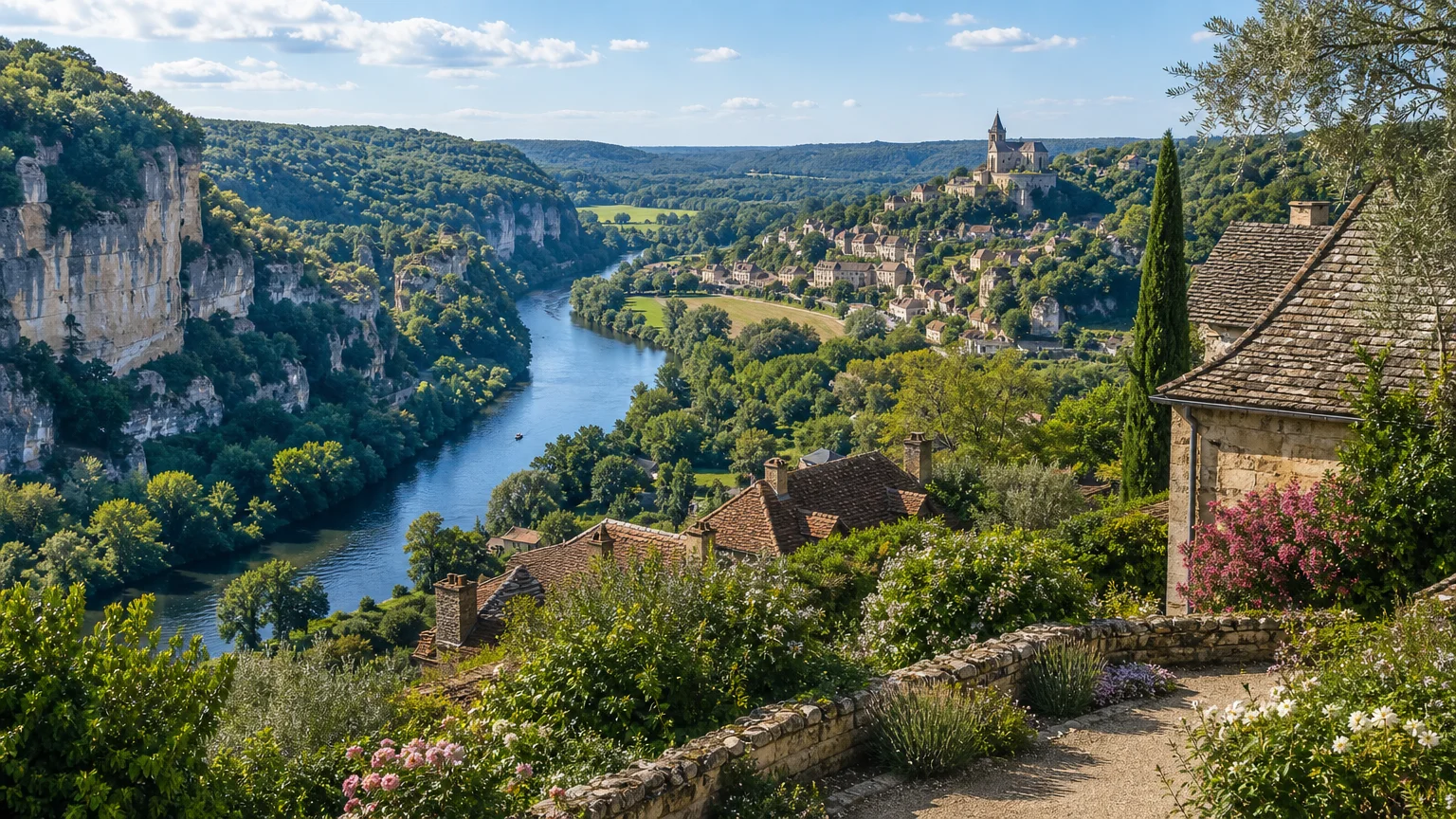 Panorama sur la vallée de la Dordogne depuis les jardins du Périgord Noir
