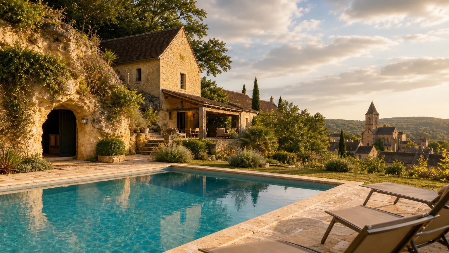 Domaine historique avec gîtes, piscine et hébergement troglodyte près de Sarlat