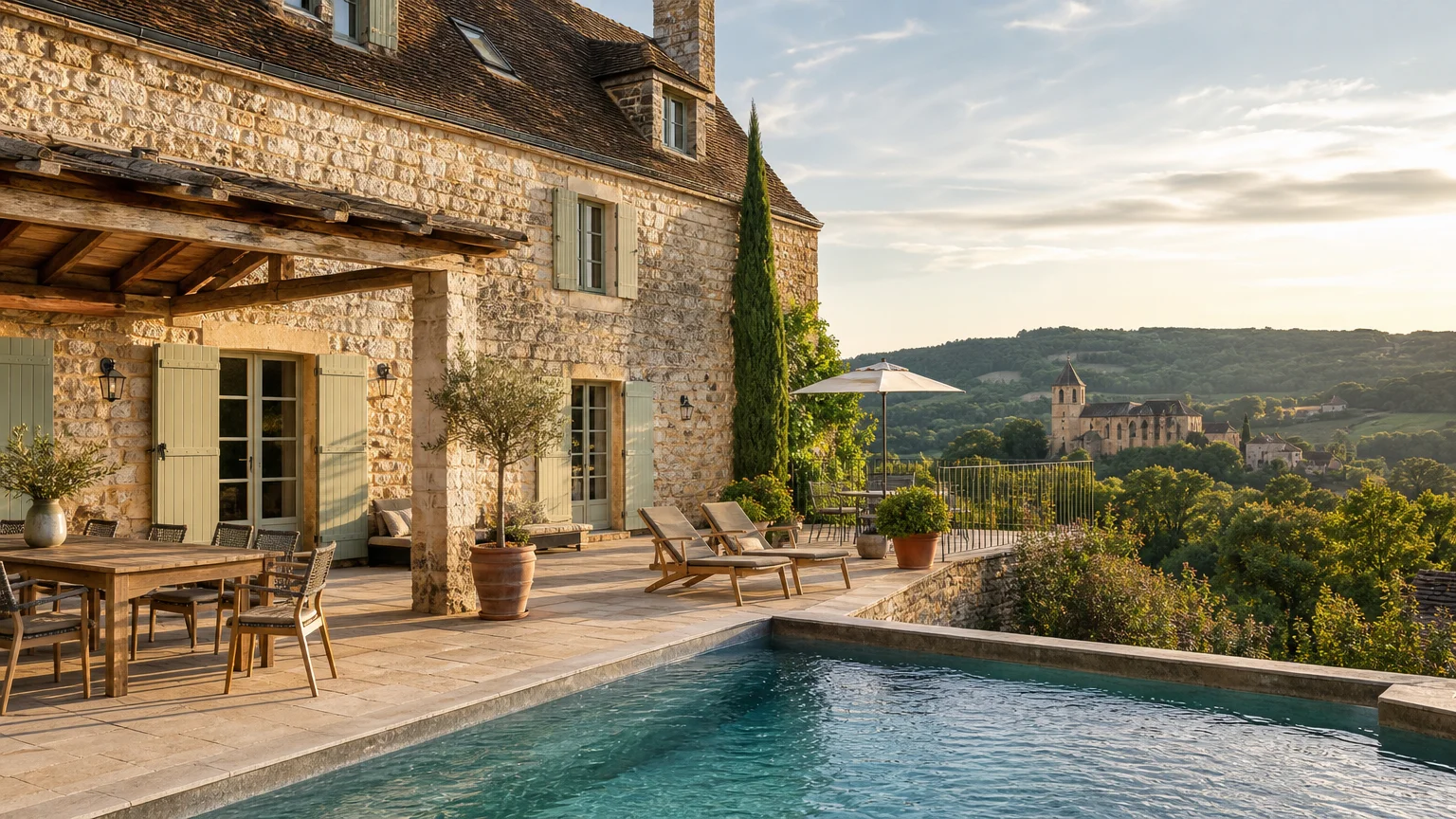 Domaine historique avec piscine et vue sur le Périgord Noir