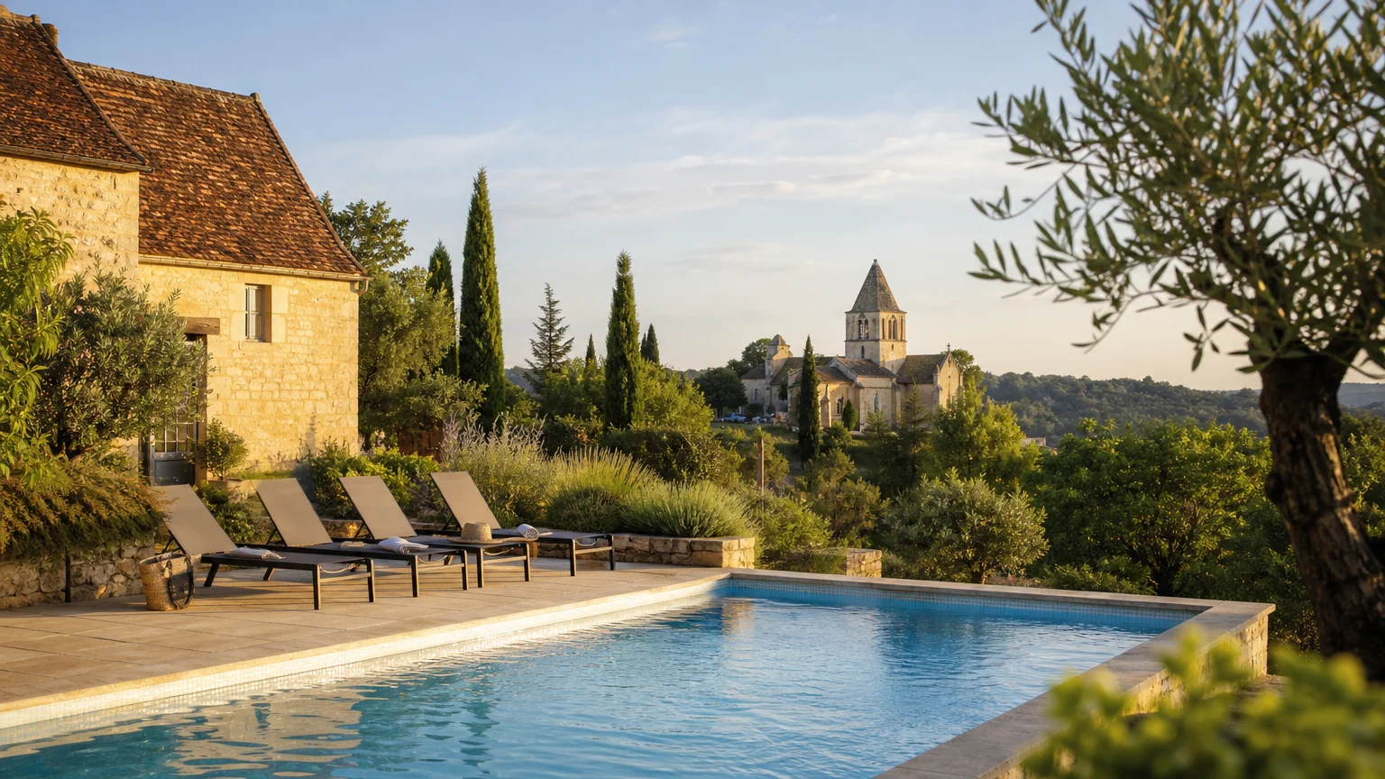 Piscine au sel devant un domaine historique du Périgord Noir