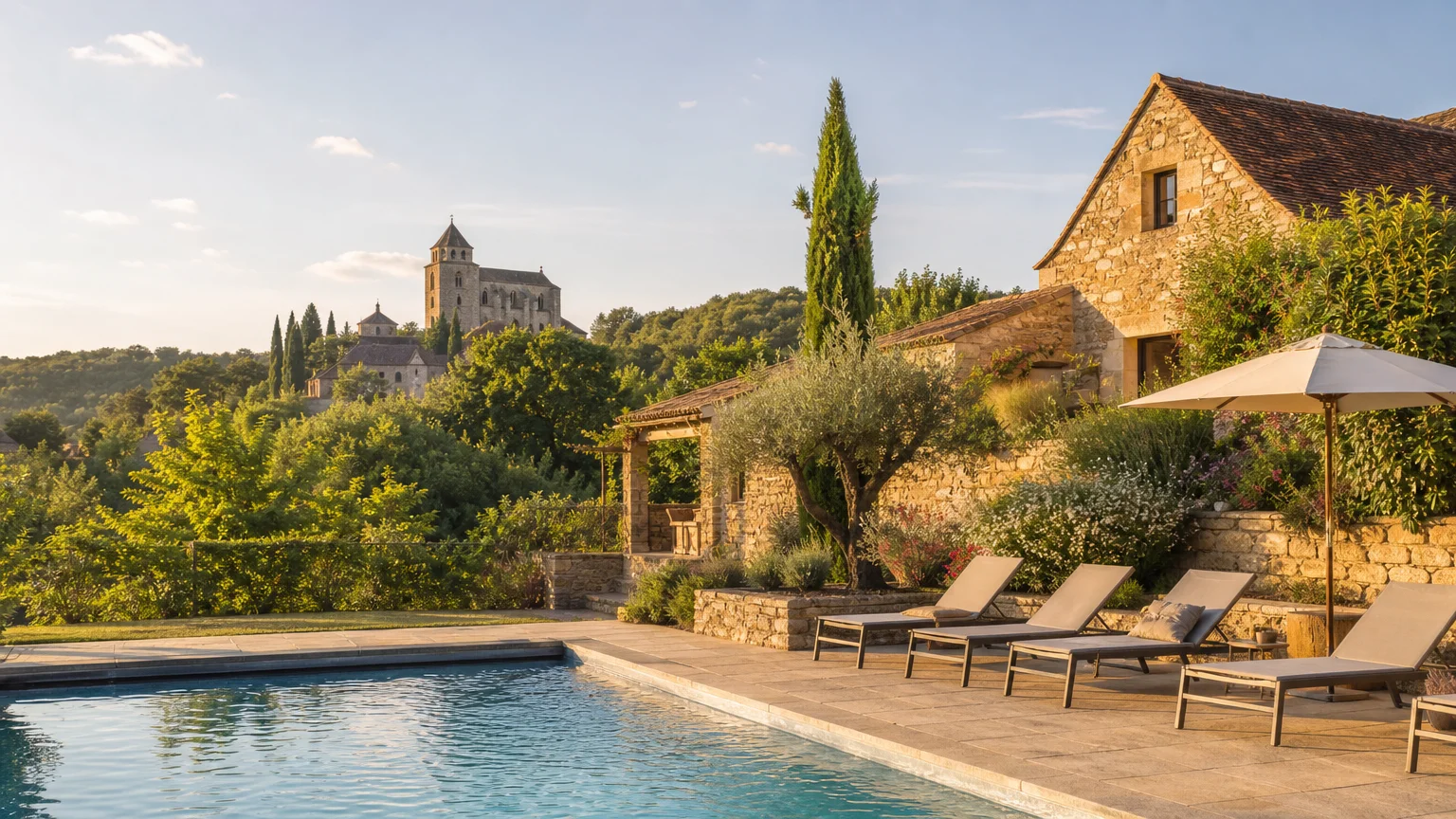 Piscine au sel devant un domaine historique du Périgord Noir