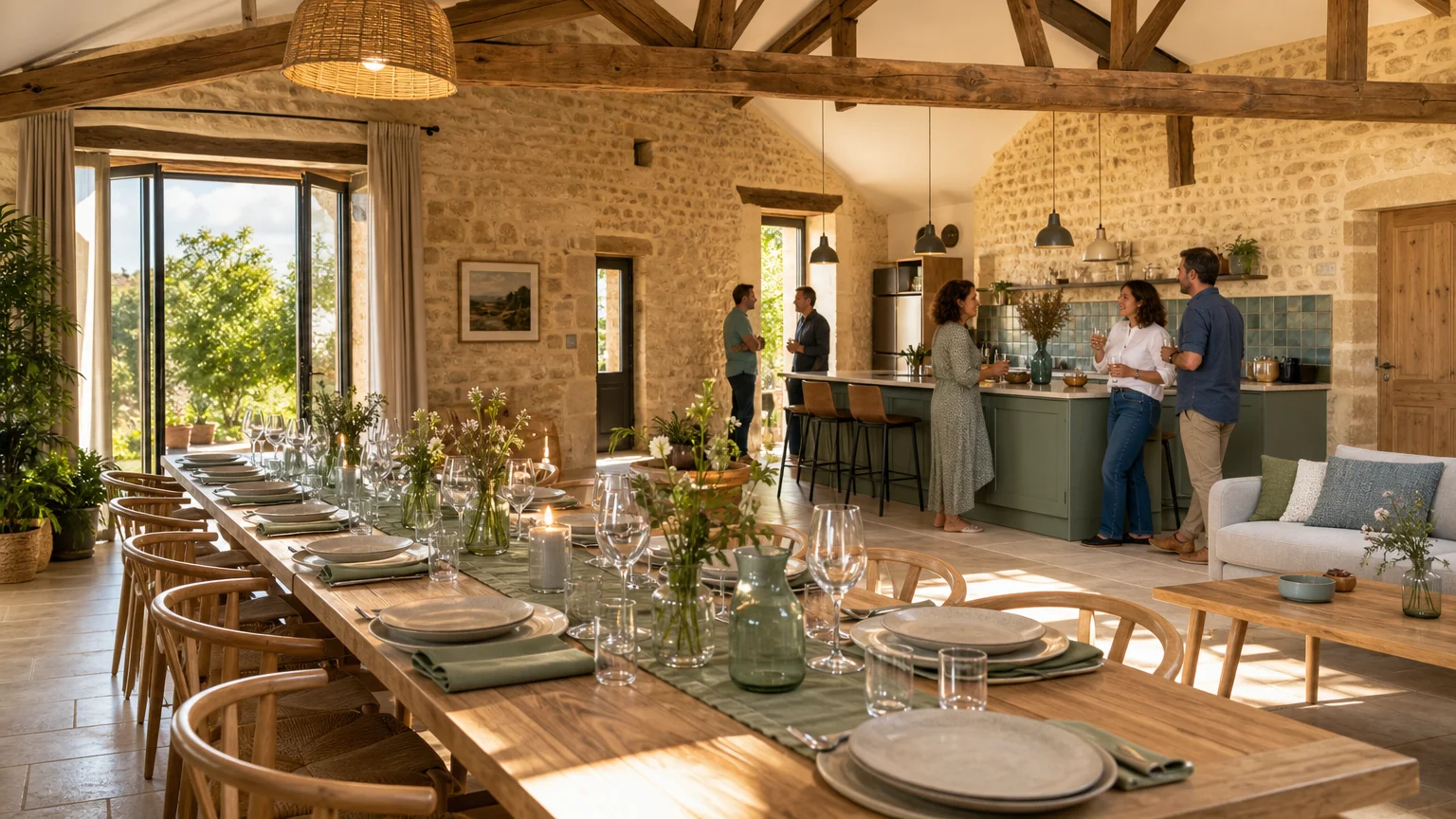 Salle collective lumineuse dans un gîte de groupe en Dordogne