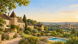 Domaine en pierre dans le paysage vallonné du Périgord Noir