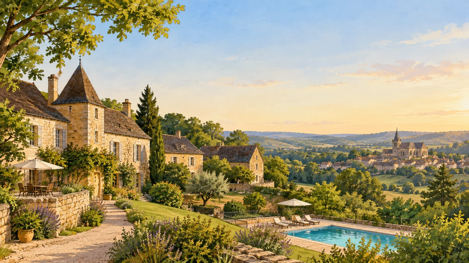 Domaine en pierre dans le paysage vallonné du Périgord Noir