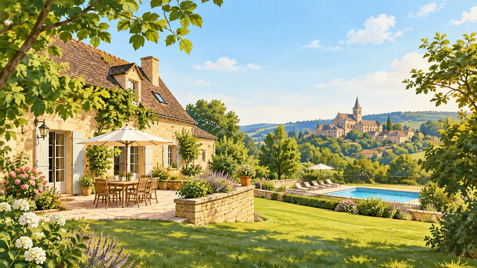 Gîte en pierre dans le paysage verdoyant du Périgord Noir en été