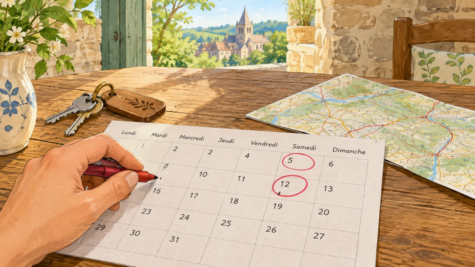 Calendrier marqué du samedi au samedi pour préparer un séjour en gîte