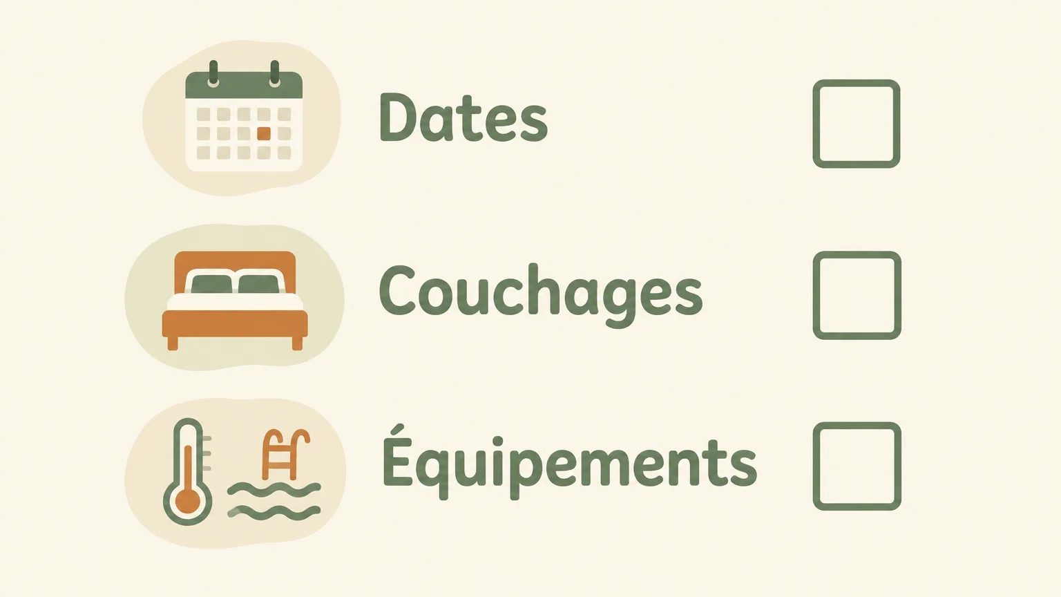 Checklist pour comparer les dates, les couchages et les équipements d’un gîte