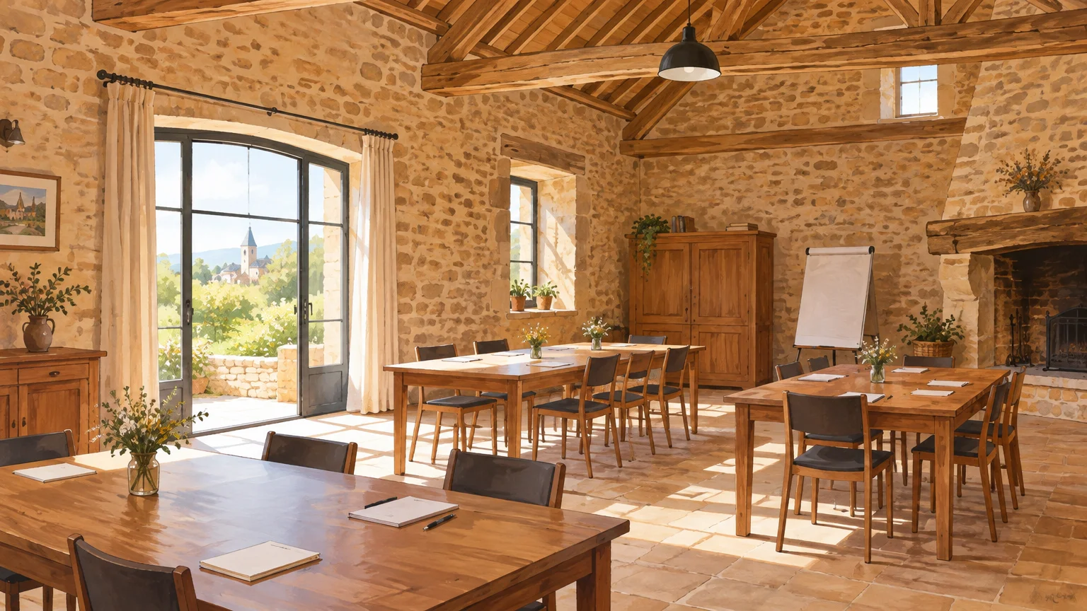 Une salle commune aménagée dans une ancienne grange en pierre du Périgord Noir