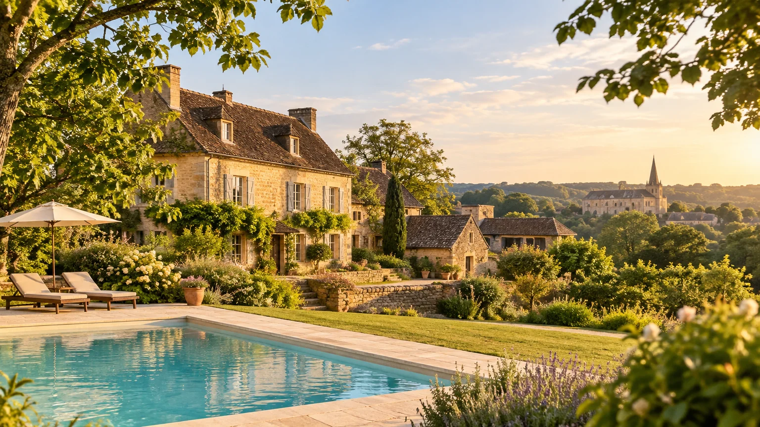 Domaine de caractère en pierre dans un paysage verdoyant du Périgord Noir