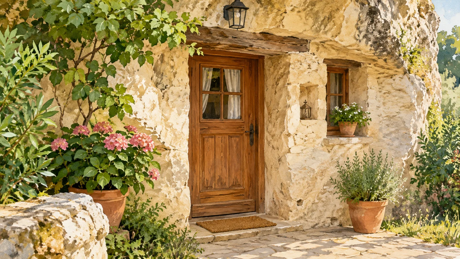 Entrée en pierre d’un hébergement troglodyte du Périgord