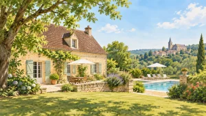 Gîte en pierre dans un paysage verdoyant du Périgord Noir en été