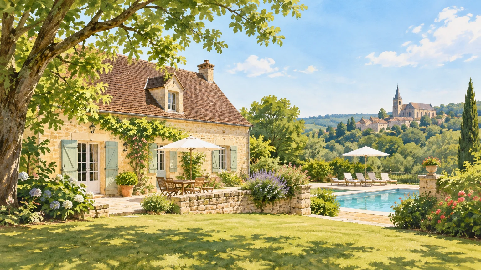 Gîte en pierre dans un paysage verdoyant du Périgord Noir en été