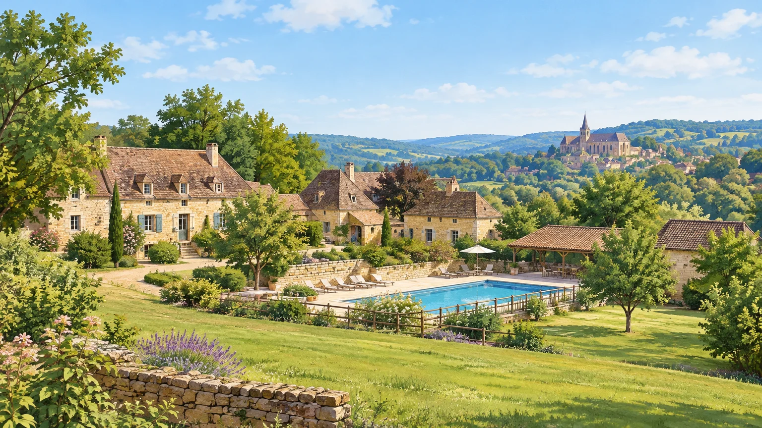 Domaine rural en pierre dans le paysage verdoyant du Périgord Noir