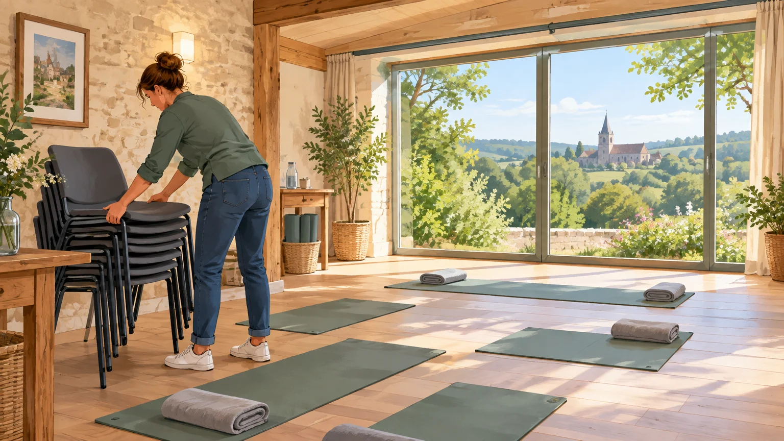 Préparation d’une salle modulable pour un stage en Dordogne