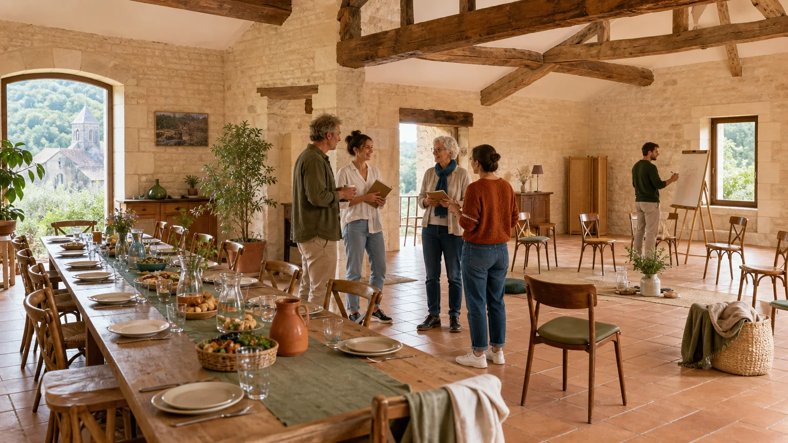 Salle commune aménagée pour un repas et une activité de groupe