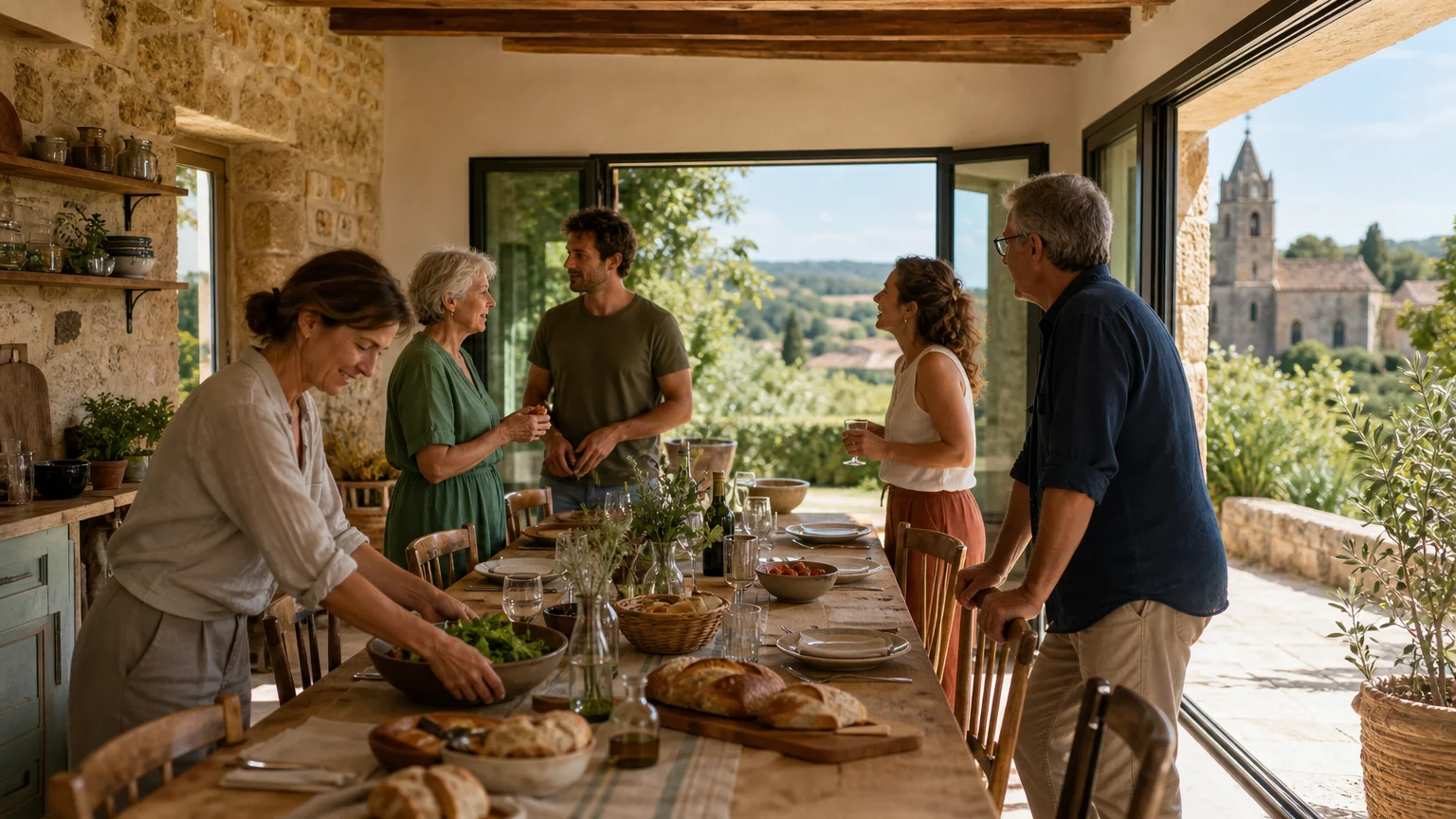 Espace collectif lumineux préparé pour une réunion familiale dans le Périgord Noir