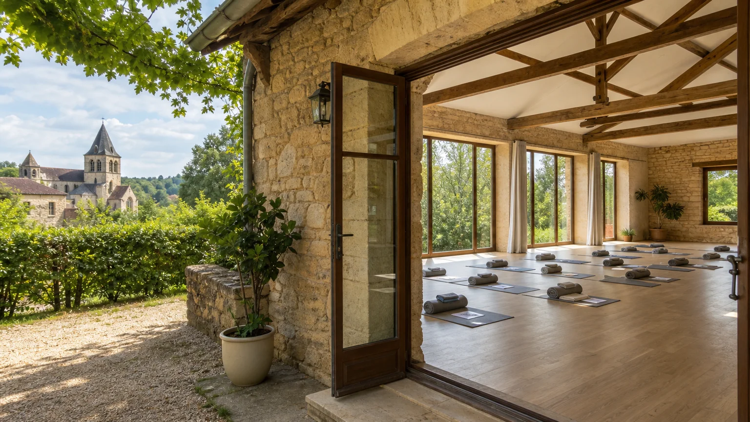 Salle collective dans une bâtisse périgourdine ouverte sur la campagne