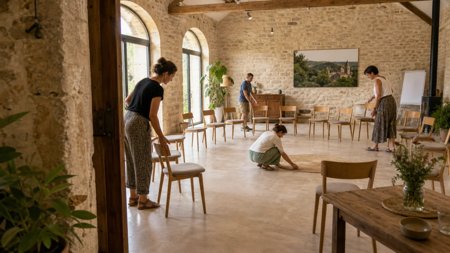 Participants préparant une salle collective pour un stage en Dordogne