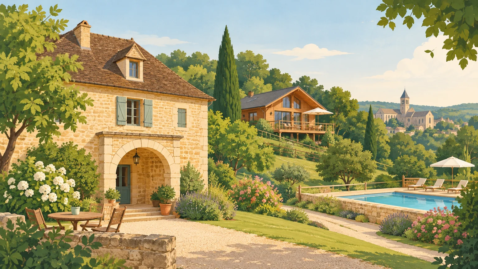 Deux styles de séjour près de Sarlat, entre demeure en pierre et chalet en bois