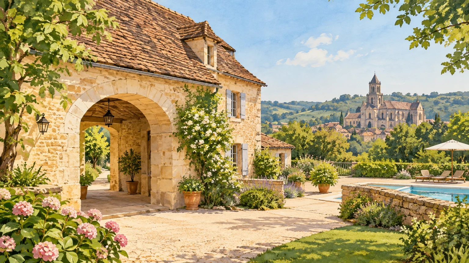 Ancienne bâtisse en pierre du Périgord avec une entrée voûtée