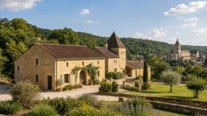 Domaine en pierre dans un paysage verdoyant du Périgord Noir