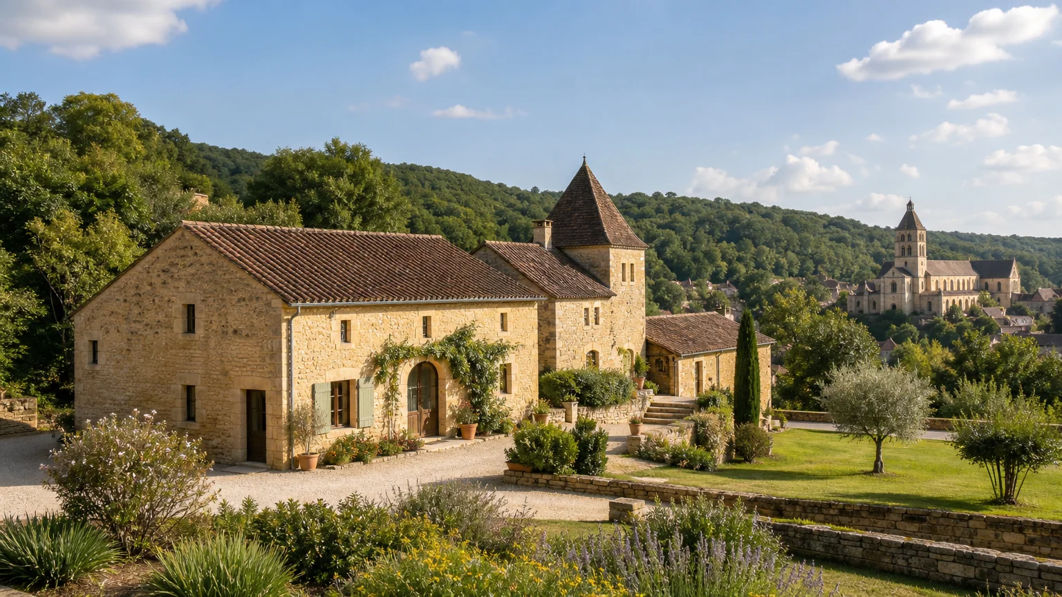 Domaine en pierre dans un paysage verdoyant du Périgord Noir