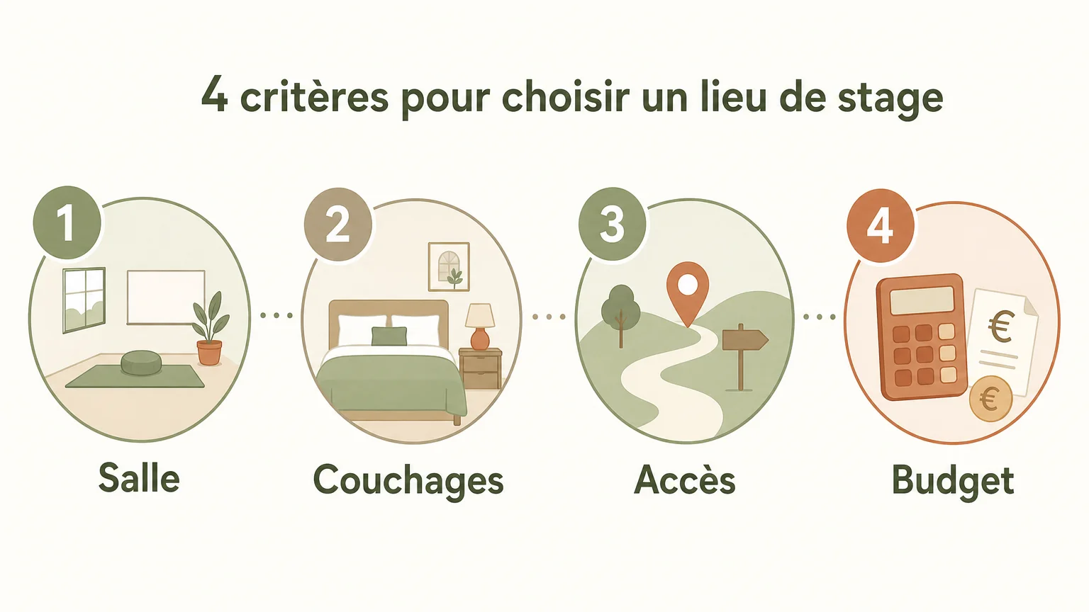Quatre critères pour sélectionner un lieu de stage : salle, couchages, accès et budget