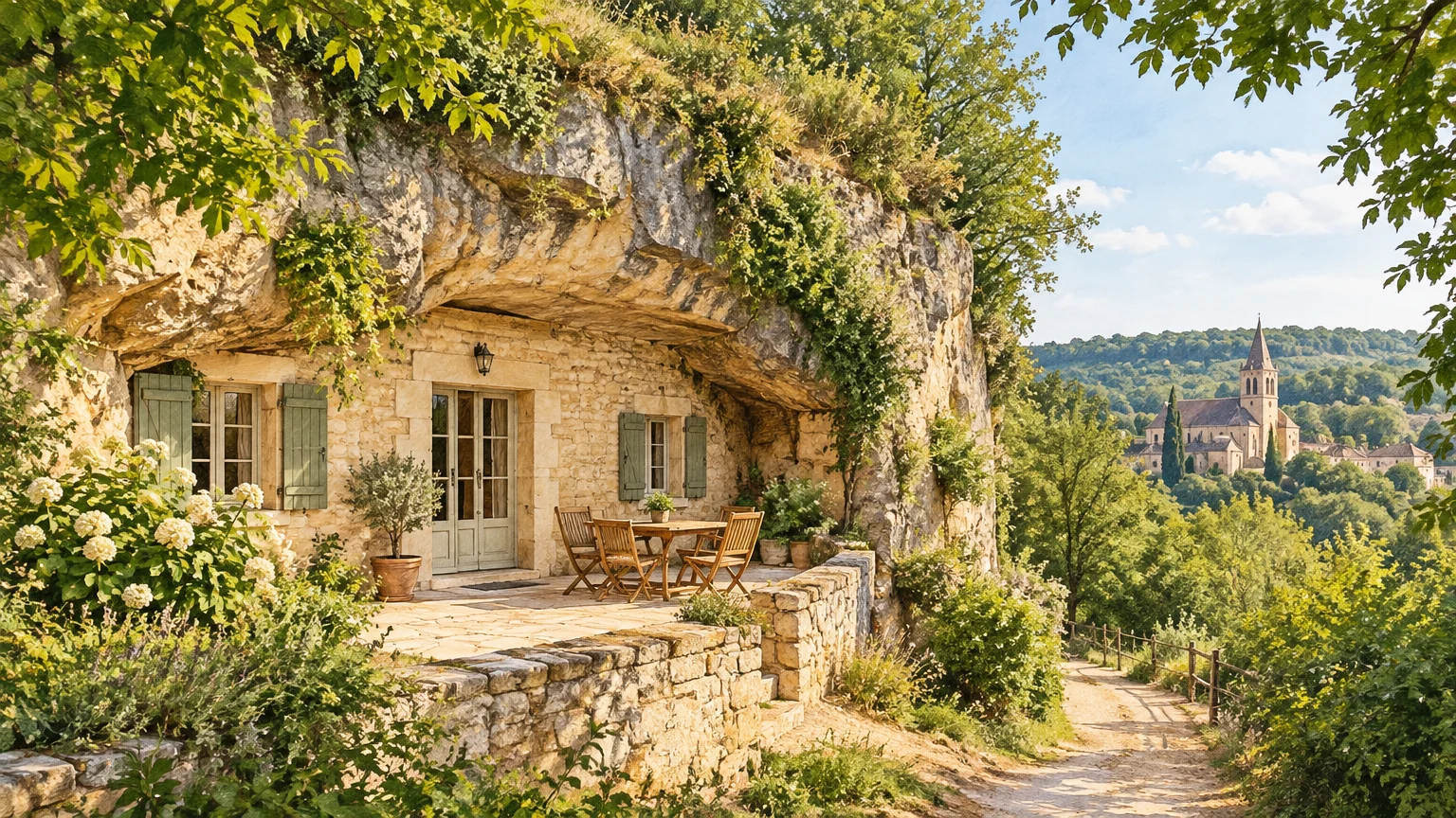 Maison troglodyte intégrée dans un relief calcaire du Périgord Noir