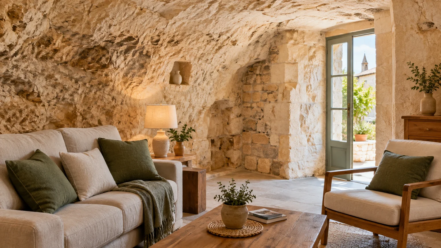 Intérieur confortable d’une maison troglodyte avec paroi de calcaire visible