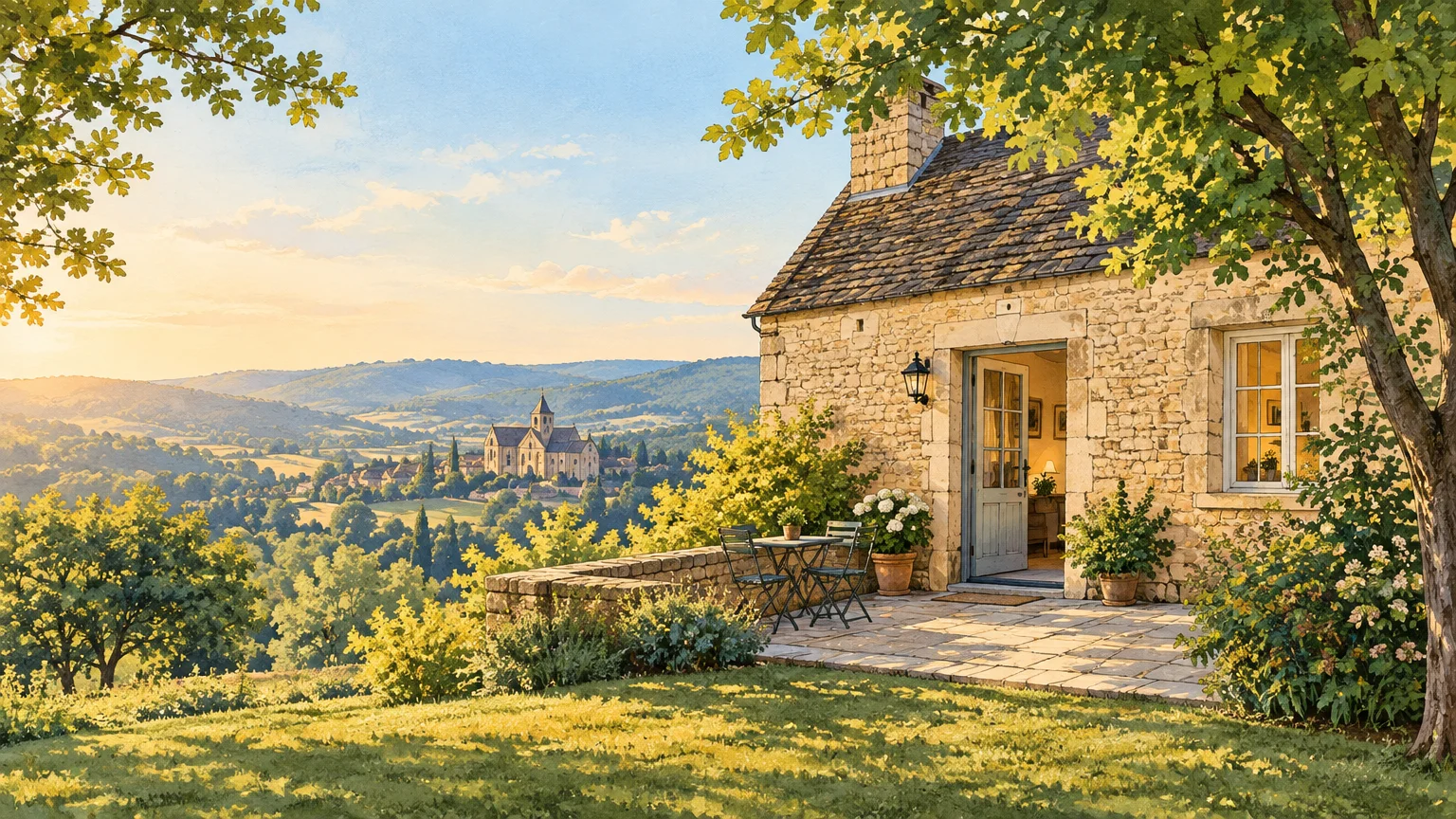 Maison en pierre et terrasse dans la campagne du Périgord