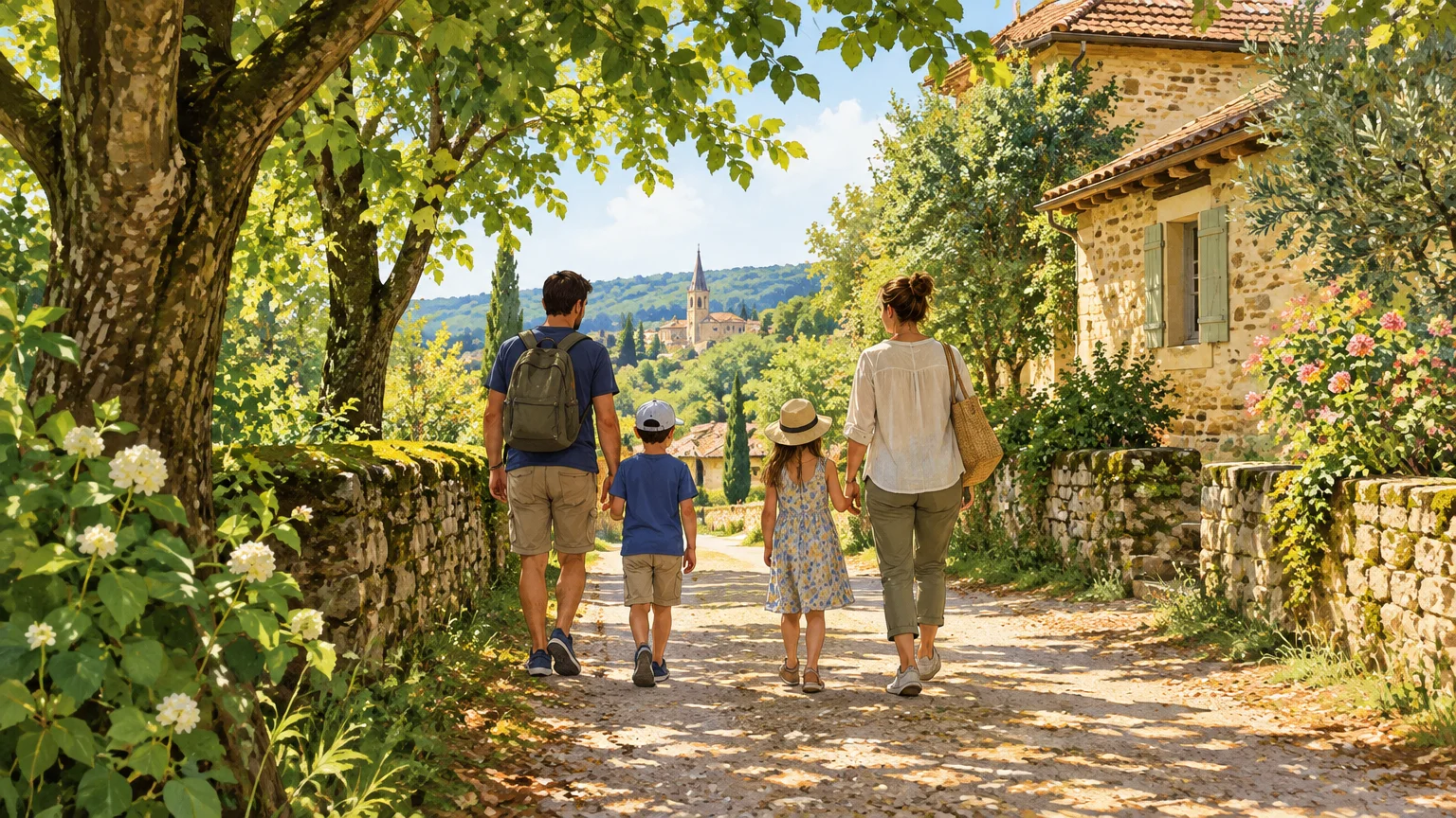 Famille marchant sur un chemin ombragé près d’un gîte en pierre