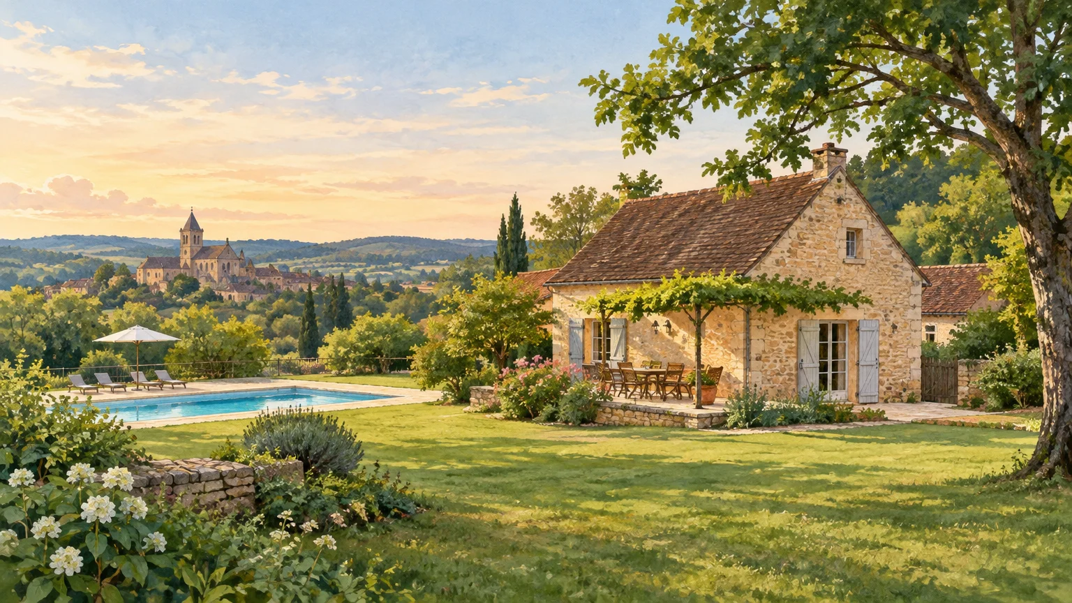 Hébergement en pierre dans un paysage verdoyant du Périgord Noir