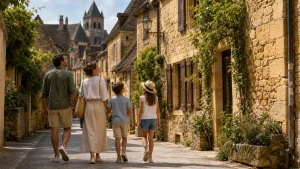 Une famille découvre les ruelles historiques de Sarlat-la-Canéda