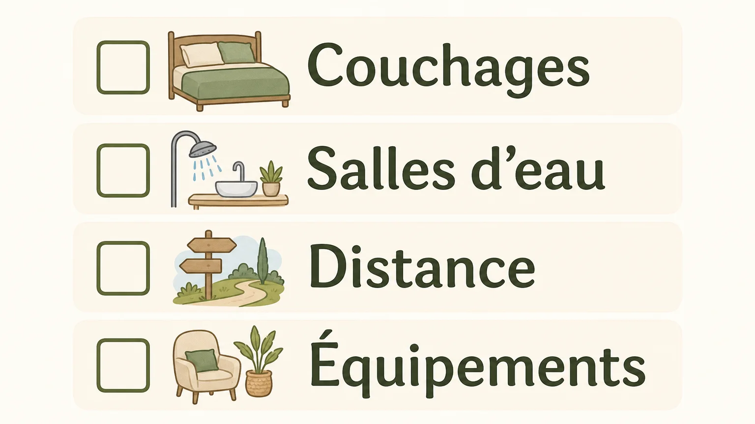 Quatre critères pour choisir un gîte familial : couchages, salles d’eau, distance et équipements